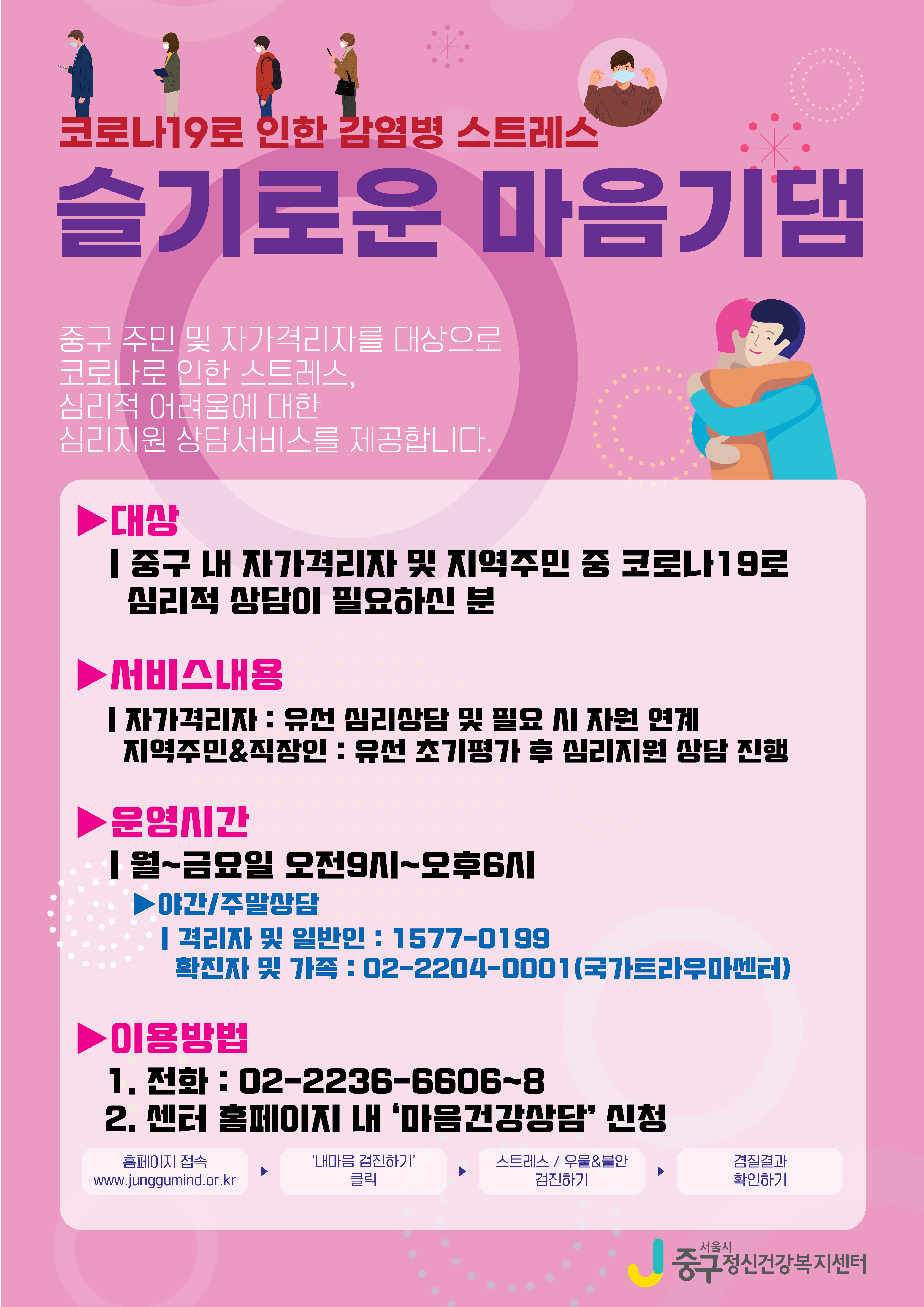 코로나19로 인한 감염병 스트레스 슬기로운 마음기댐 중구주민 및 자가격리자 대상으로 코로나로 인한 스트레스, 심리적 어려움에 대한 심리지원 상담서비스를 제공합니다.

대상 : 중구 내 자가격리자 및 지역주민 중 코로나19로 심리적 상담이 필요하신분

서비스내용 : 자가격리자 : 유선 심리상담 및 필요 시 자원 연계 지역주민 & 직장인 : 유선 초기평가 후 심리지원 상담 진행

운영시간 : 월~금요일 오전9시 ~ 오후 6시 야간 주말상담 격리자 및 일반인 : 1577-0199 확지낮 및 가족 : 02-2204-0001(국가트라우마센터)

이용방법 : 전화 : 02-2236-6606 ~ 8 

센터 홈페이지 내 '마음건강상담' 신청