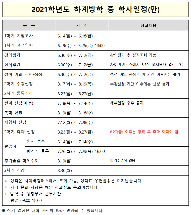 2021 하계 방학중 학사일정