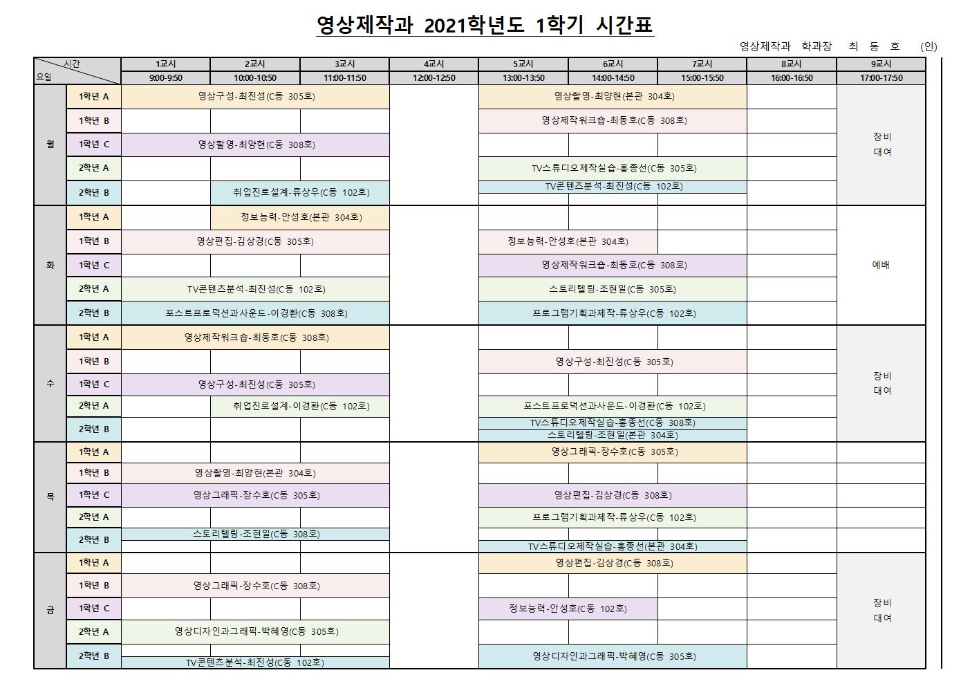 영상제작과 2021-1 시간표